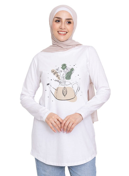 White Printed Long - Sleeve Design 31 - Khotwh